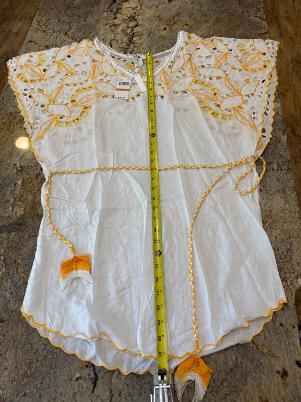 Trina Turk White with Yellow Embroidered Yoke and Tassels stunning cover up.